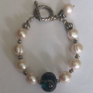 Genuine Pearl & Unique Lampwork Glass Bead Bracelet, White Ringed 11mm Pearls